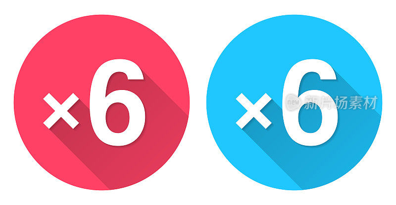 x6, 6次。圆形图标与长阴影在红色或蓝色的背景